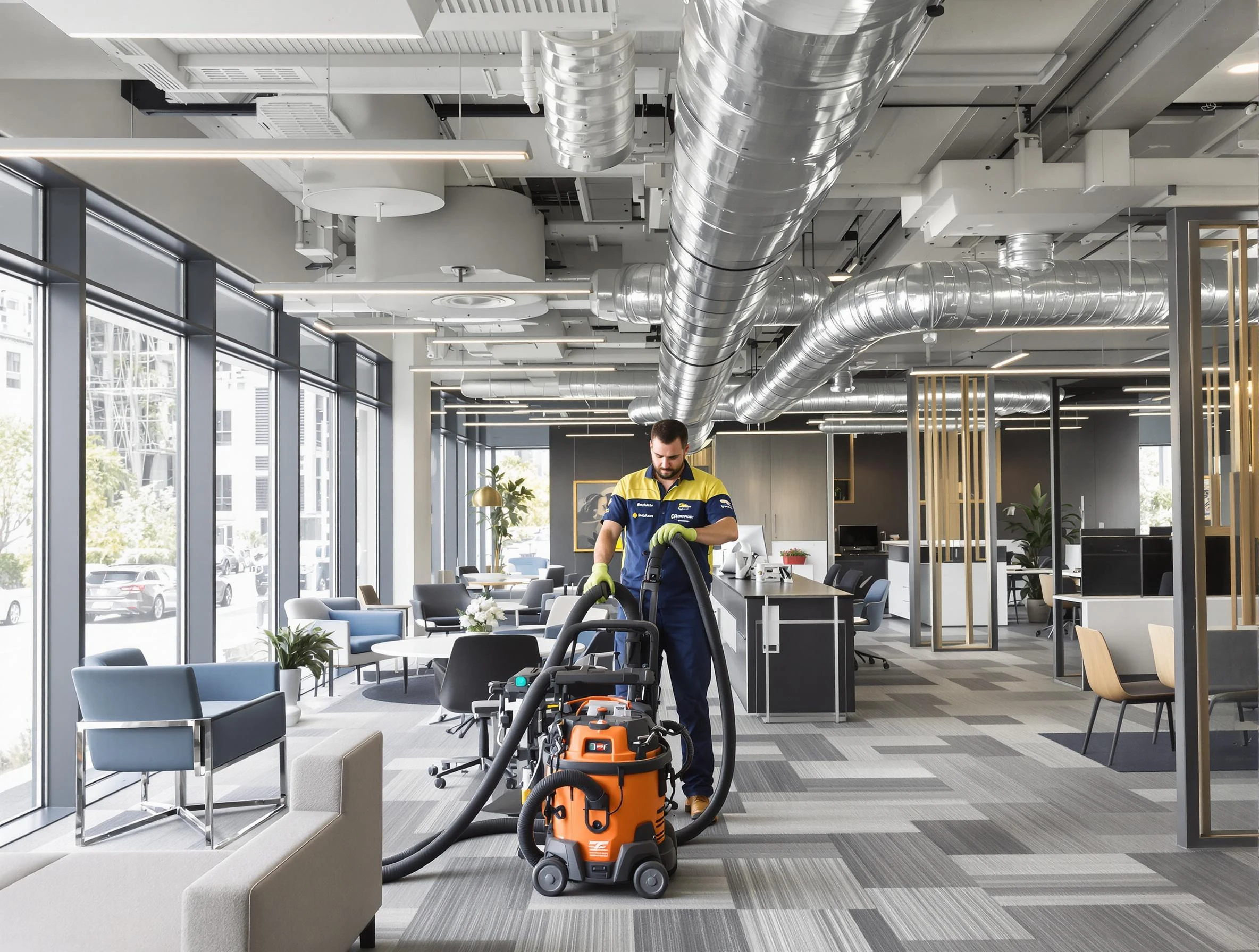 Purcell Air Duct Cleaning team performing thorough commercial duct cleaning at a Purcell business center